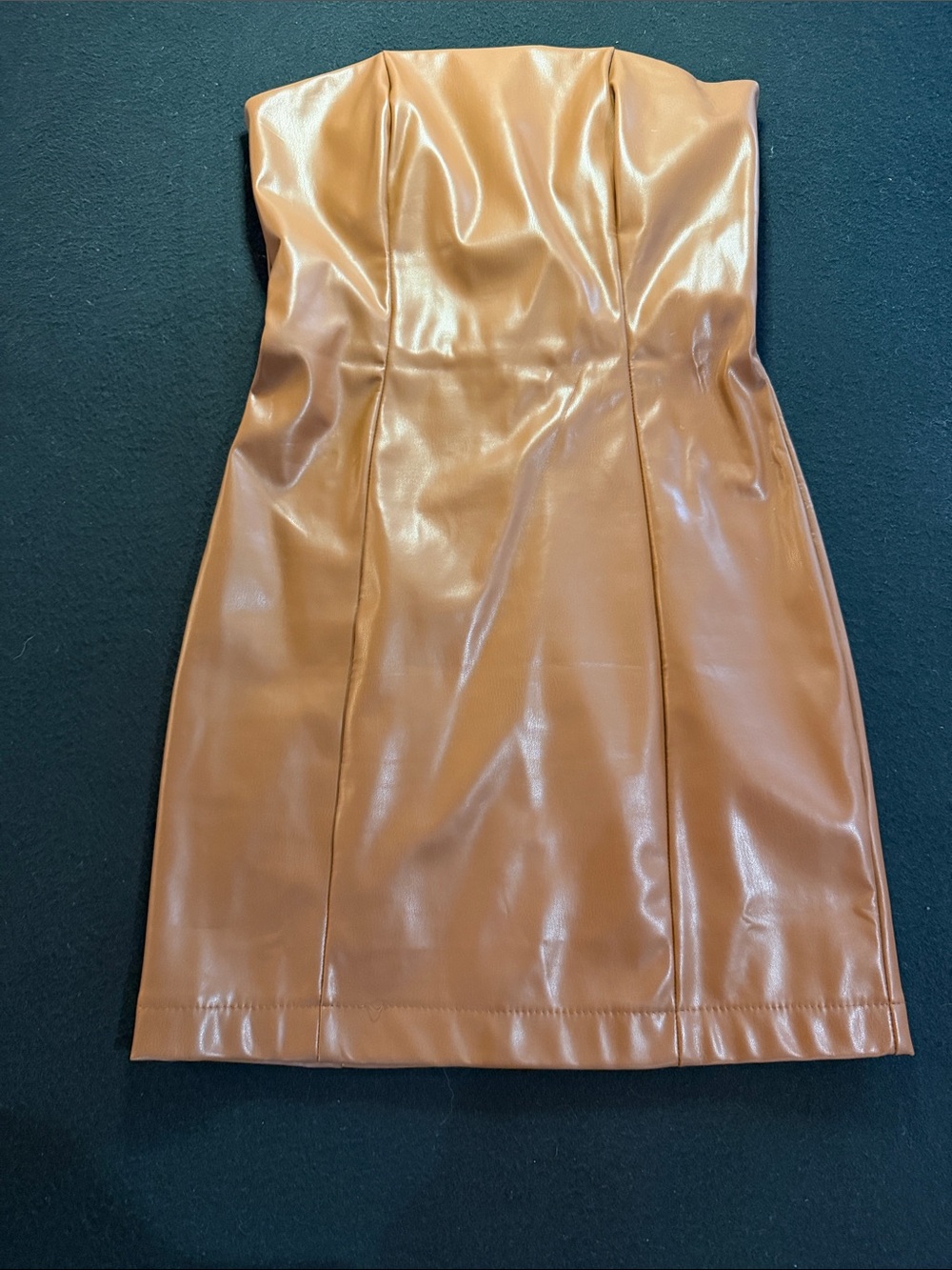 SHEIN Strapless Faux Leather Mini Dress in Camel Brown